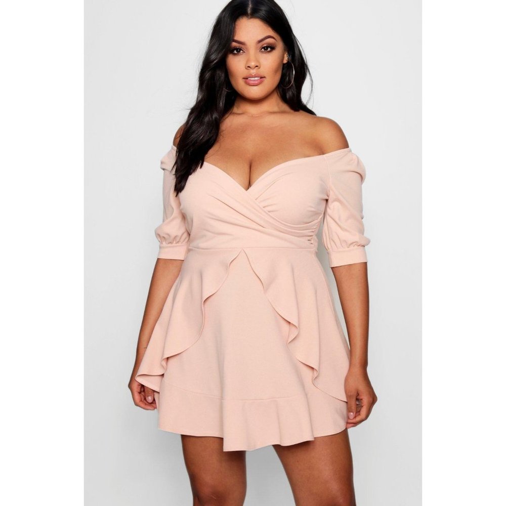 Boohoo Abbie Skater Dress Ruffled Wrap Blush Pink Mini Plus Size 22